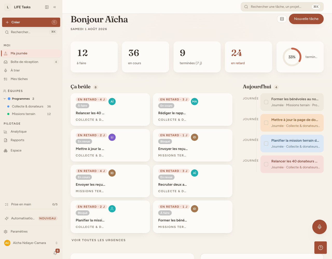 Vue d'ensemble de l'application, sidebar déployée sur l'écran Ma journée