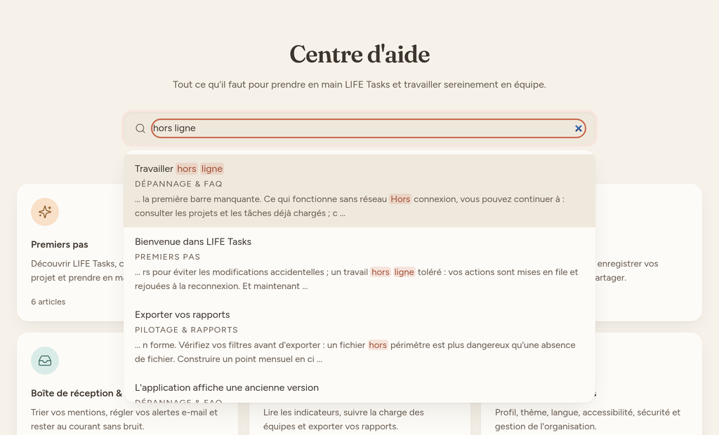La recherche du centre d'aide couvre l'ensemble des articles