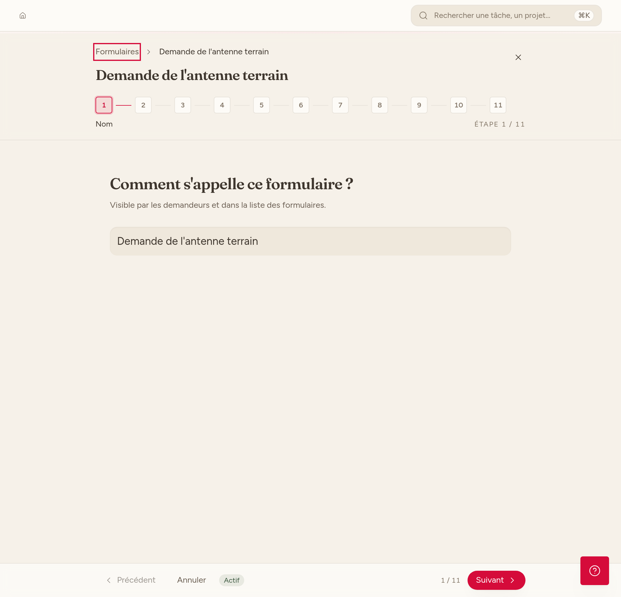 Générateur de formulaire : parcours en onze étapes, enregistrement automatique