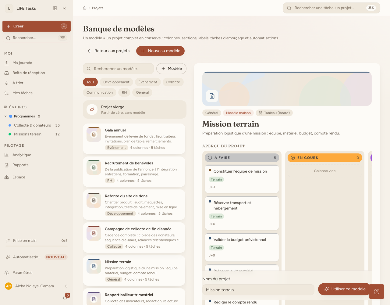 Fiche d'un modèle fourni : statuts, sections et tâches d'amorçage