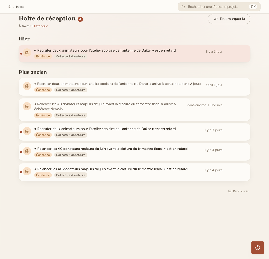 Boîte de réception : liste des éléments à traiter et filtres d'état
