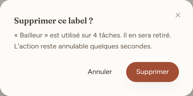 Confirmation de suppression d'un label rappelant le nombre de tâches concernées
