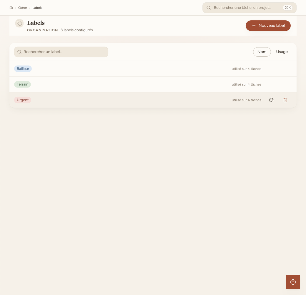 Page Labels : liste des étiquettes avec pastille de couleur, compteur d'utilisation et tri