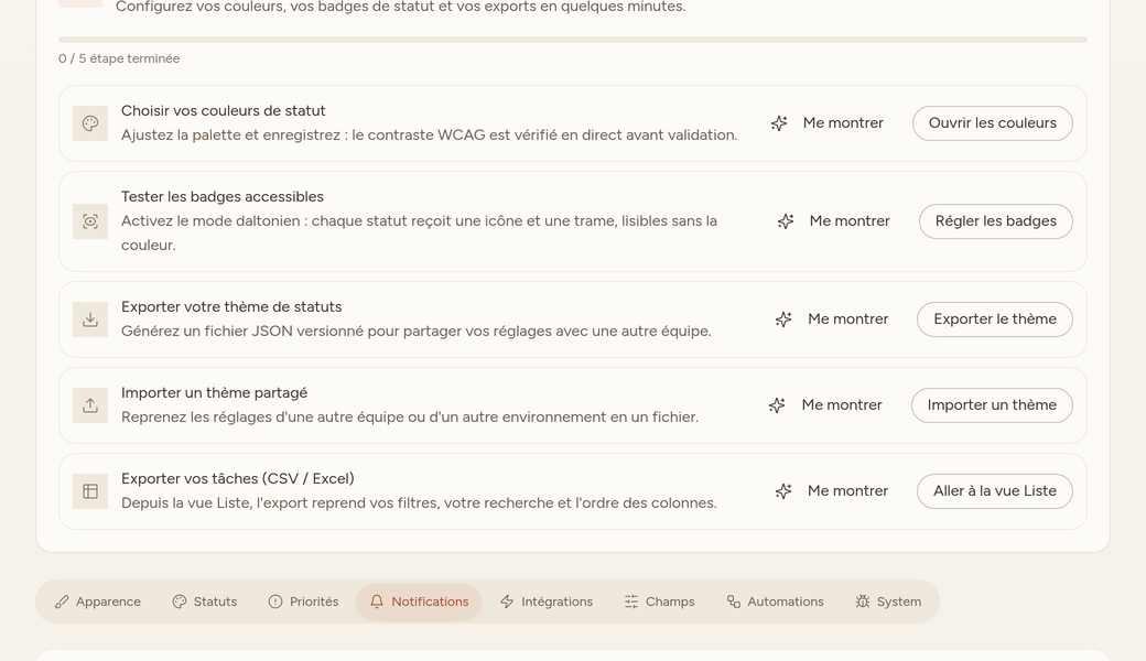 Un réglage sobre : assignations et mentions actives, le reste en résumé