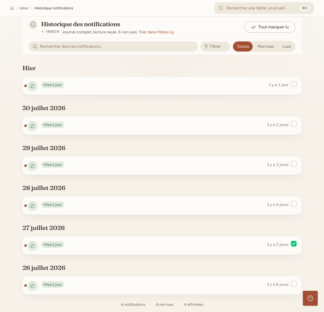 Les différents types de notification avec leurs icônes et teintes distinctives