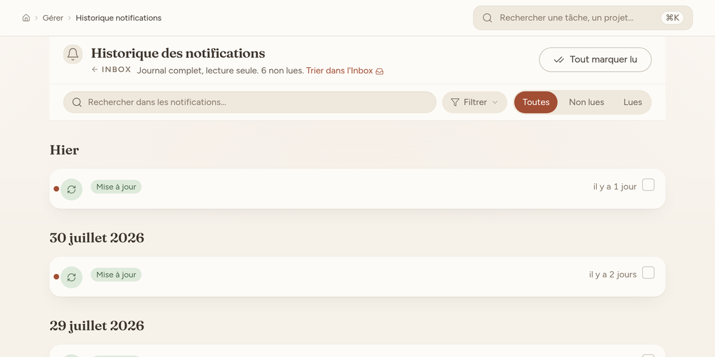 Historique des notifications filtré par type