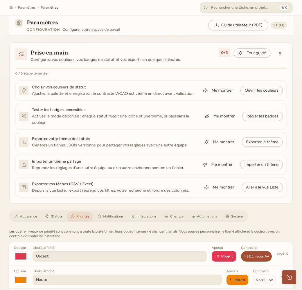 Personnalisation des priorités : libellés et couleurs avec contrôle de contraste