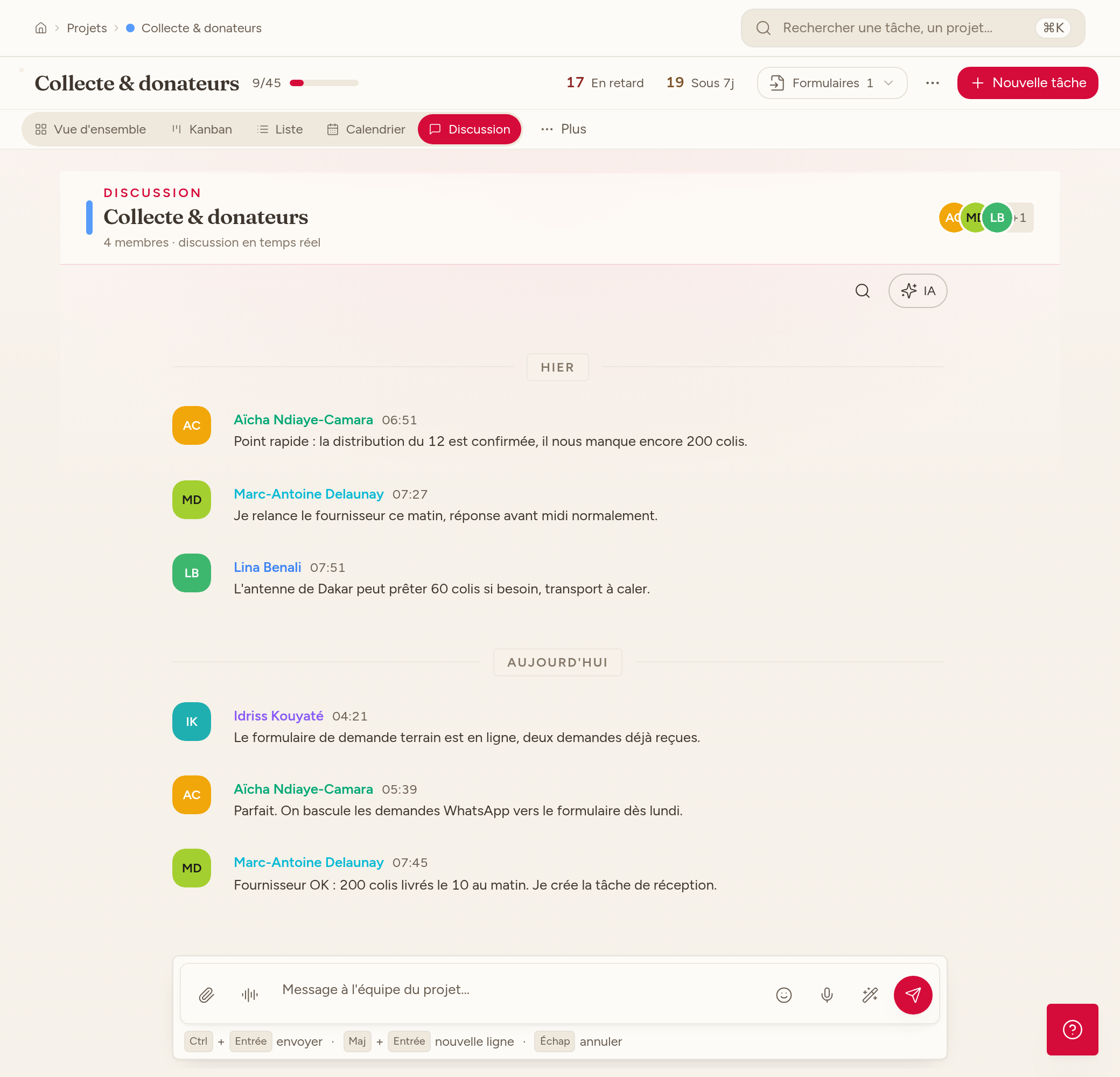 Discussion d'un projet : fil chronologique, mentions et composeur