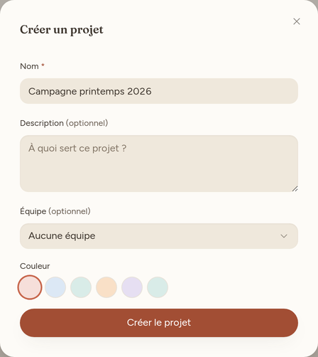Boîte de dialogue « Créer un projet », champs nom, description et équipe