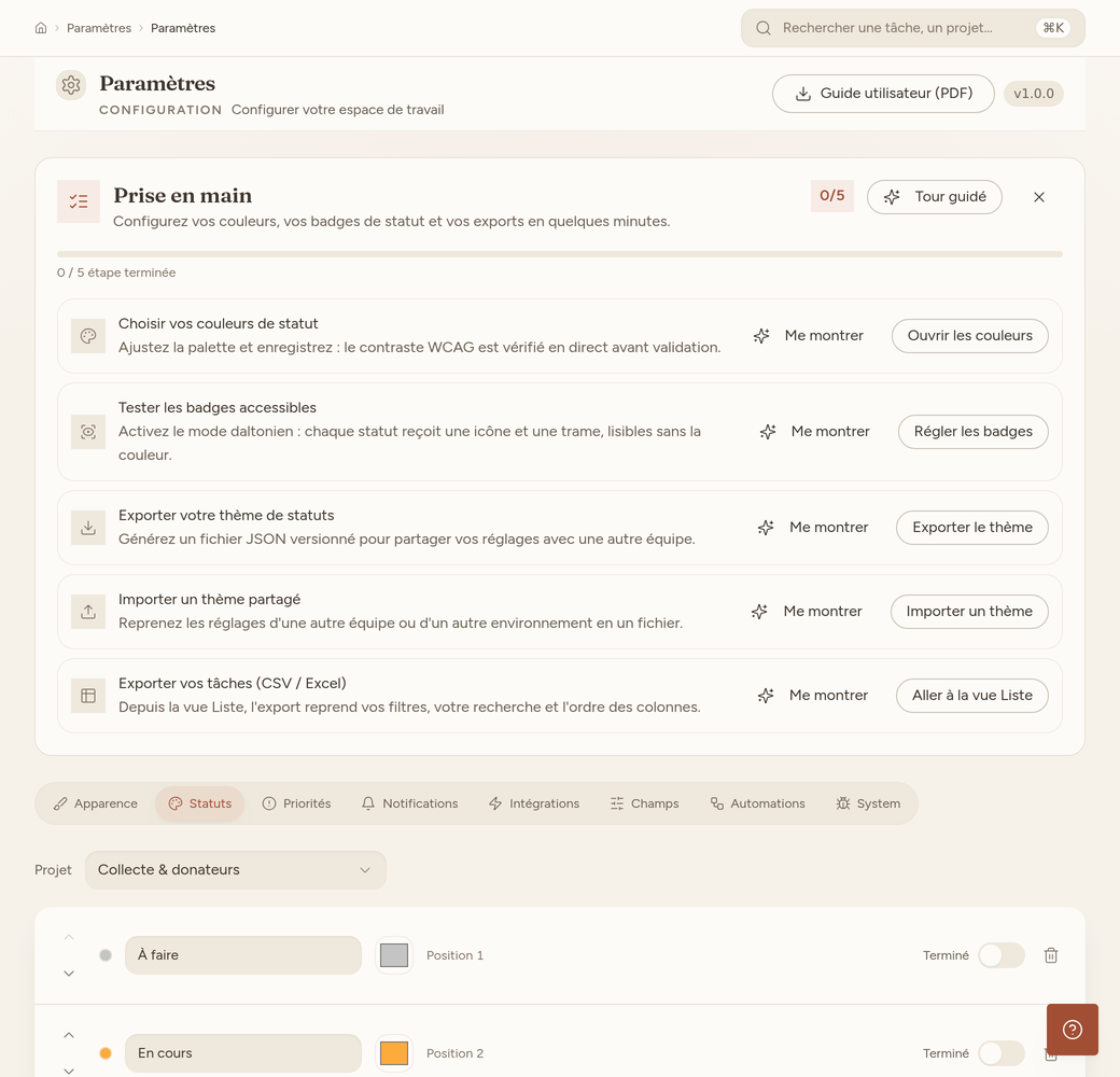 Panneau de gestion des statuts : liste ordonnée, champ de nom, couleur, interrupteur Terminé