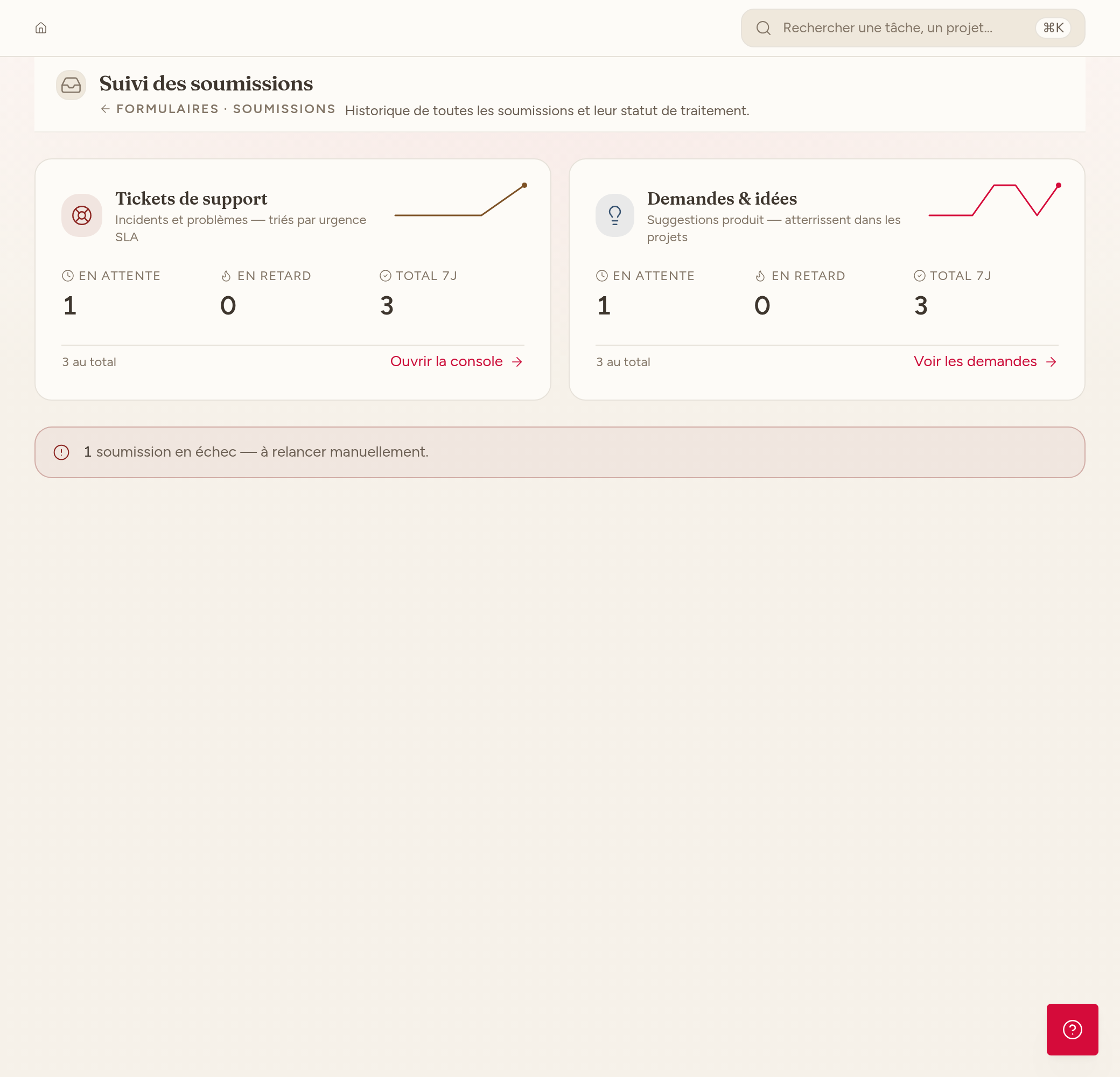 Suivi des soumissions : tickets de support d'un côté, demandes et idées de l'autre