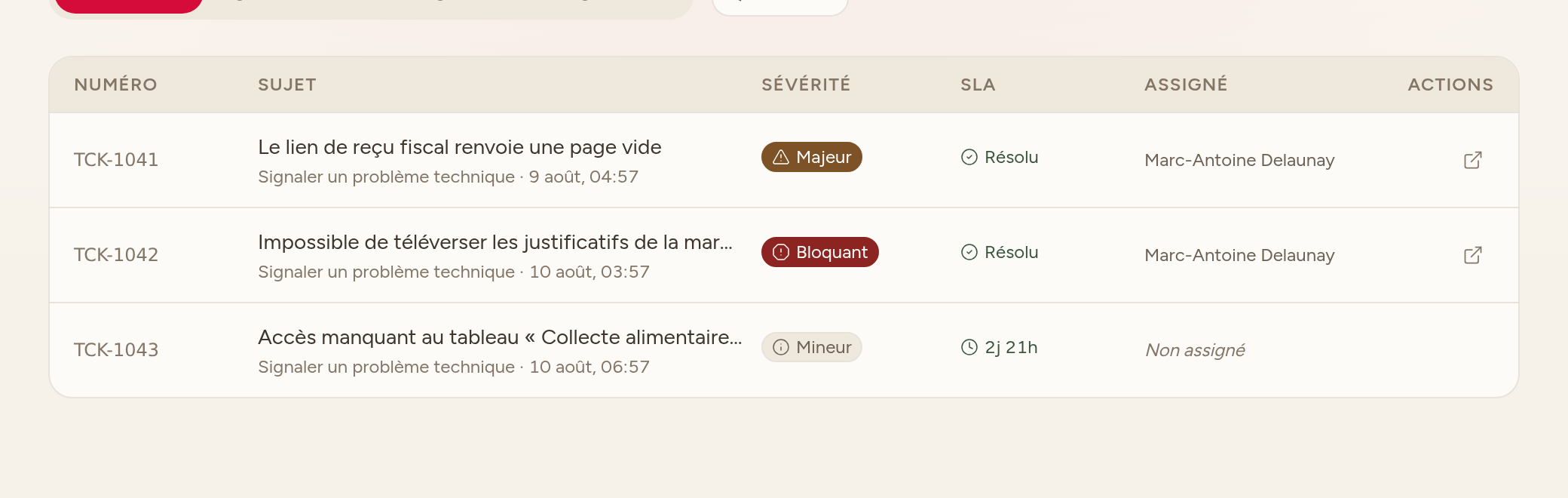 File des soumissions : statut, sévérité, responsable et actions rapides