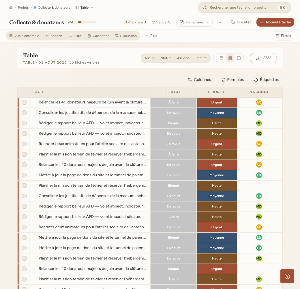 Vue Table d'un projet, colonnes statut, responsable, échéance et priorité