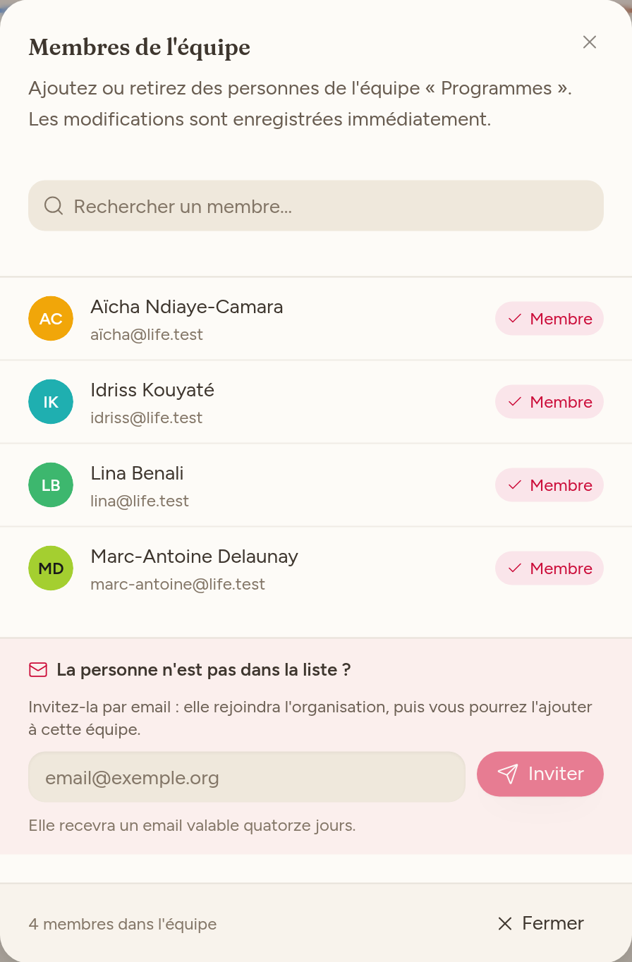 Fenêtre « Gérer les membres » : recherche et bascule d'appartenance