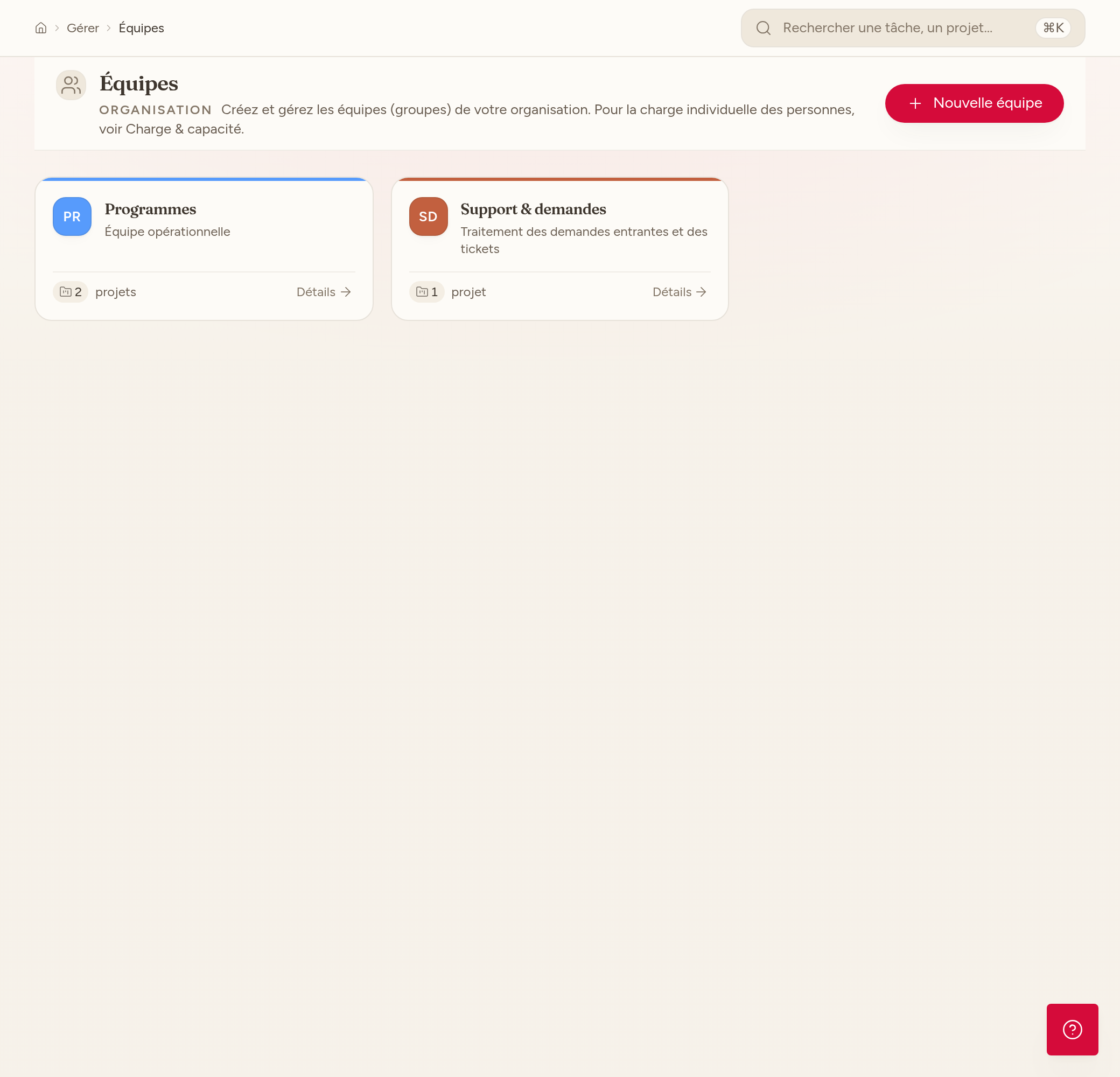 Page Équipes : une carte par équipe, avec son nombre de projets