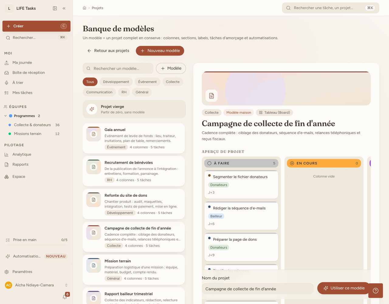 Panneau de détail d'un modèle : statuts, sections, labels et tâches d'amorçage